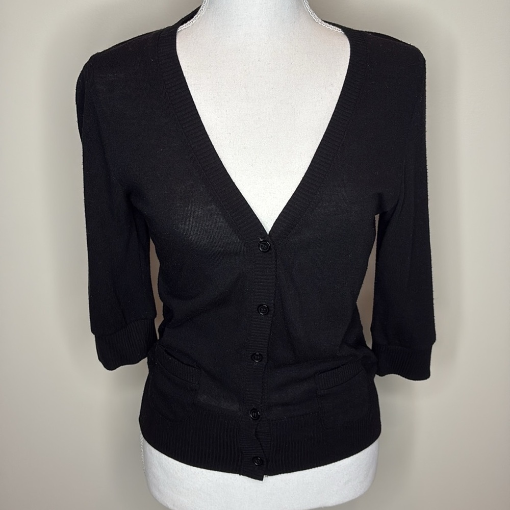 Be Cool Brand Ladies Black 3/4 Length Sleeves Cardigan with Pockets. Small